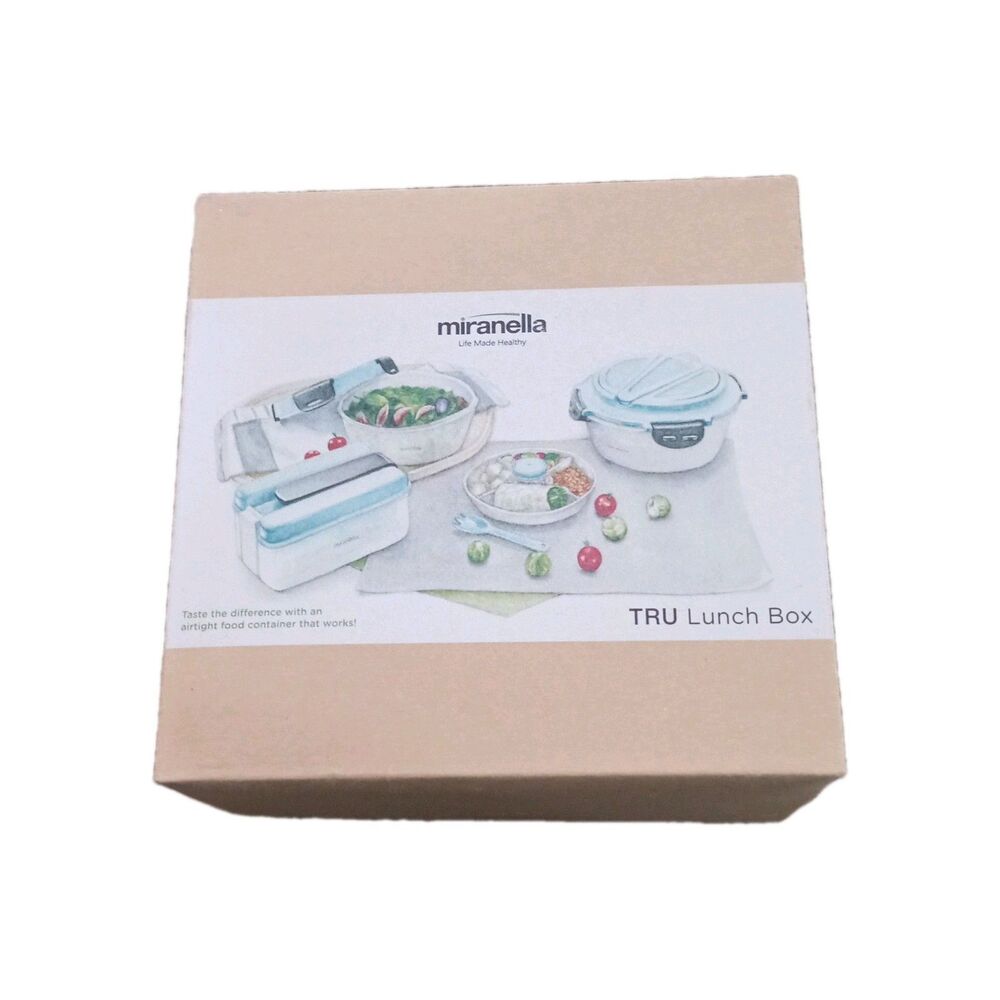Miranella TRU Lunch Box 5 Compartments Snap Lid Spork Light Green Plastic Round